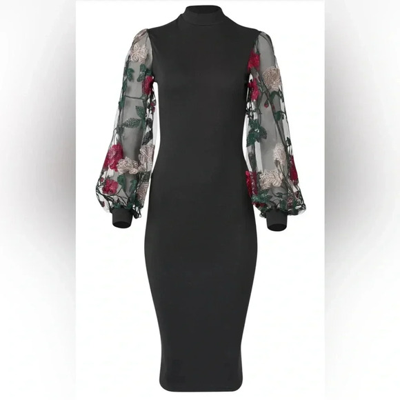 Embroidered Floral Puff Sleeve Dress - Picture 2 of 15